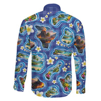 Hawaiian Island Shapes-Iconic Landscape Family Matching Off Shoulder Short Dress and Hawaiian Shirt with Plumeria and Palaka Blue Color
