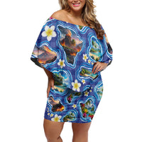 Hawaiian Island Shapes-Iconic Landscape Family Matching Off Shoulder Short Dress and Hawaiian Shirt with Plumeria and Palaka Blue Color
