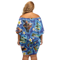 Hawaiian Island Shapes-Iconic Landscape Family Matching Off Shoulder Short Dress and Hawaiian Shirt with Plumeria and Palaka Blue Color