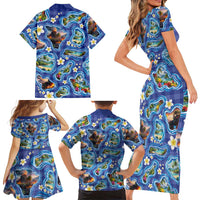 Hawaiian Island Shapes-Iconic Landscape Family Matching Short Sleeve Bodycon Dress and Hawaiian Shirt with Plumeria and Palaka Blue Color