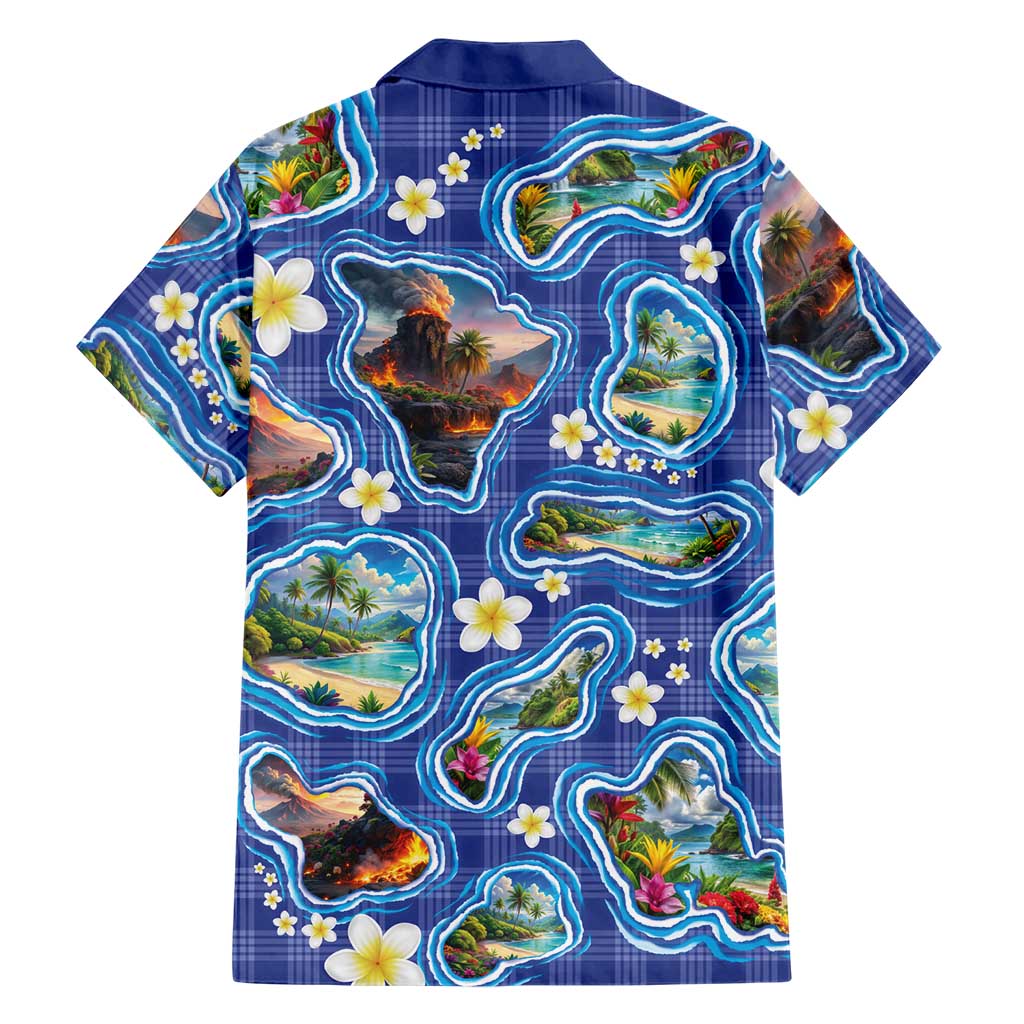 Hawaiian Island Shapes-Iconic Landscape Family Matching Short Sleeve Bodycon Dress and Hawaiian Shirt with Plumeria and Palaka Blue Color