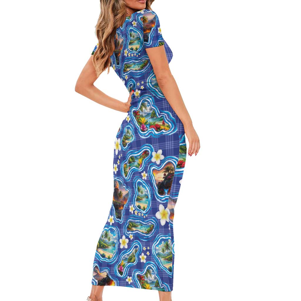 Hawaiian Island Shapes-Iconic Landscape Family Matching Short Sleeve Bodycon Dress and Hawaiian Shirt with Plumeria and Palaka Blue Color