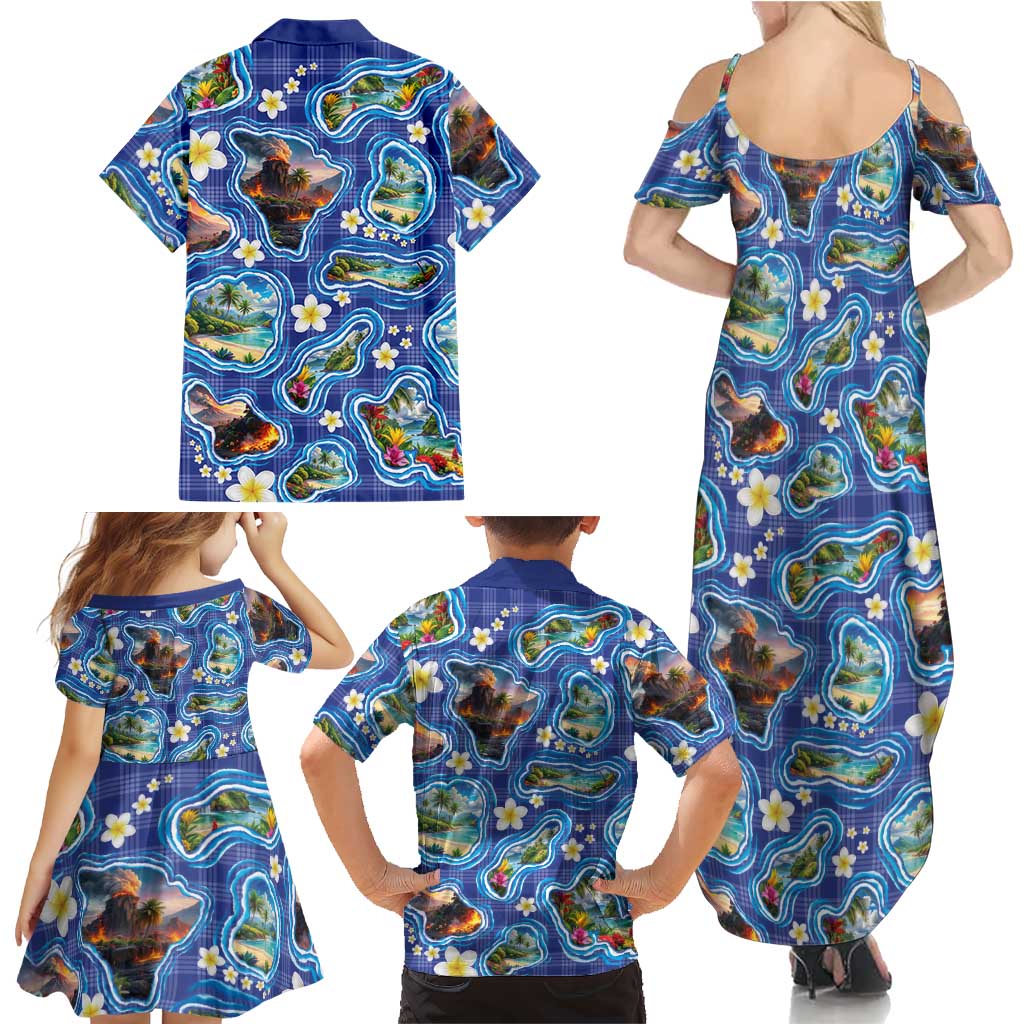 Hawaiian Island Shapes-Iconic Landscape Family Matching Summer Maxi Dress and Hawaiian Shirt with Plumeria and Palaka Blue Color