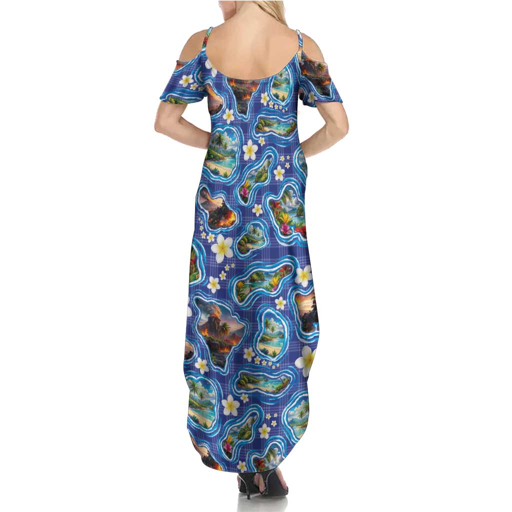Hawaiian Island Shapes-Iconic Landscape Family Matching Summer Maxi Dress and Hawaiian Shirt with Plumeria and Palaka Blue Color