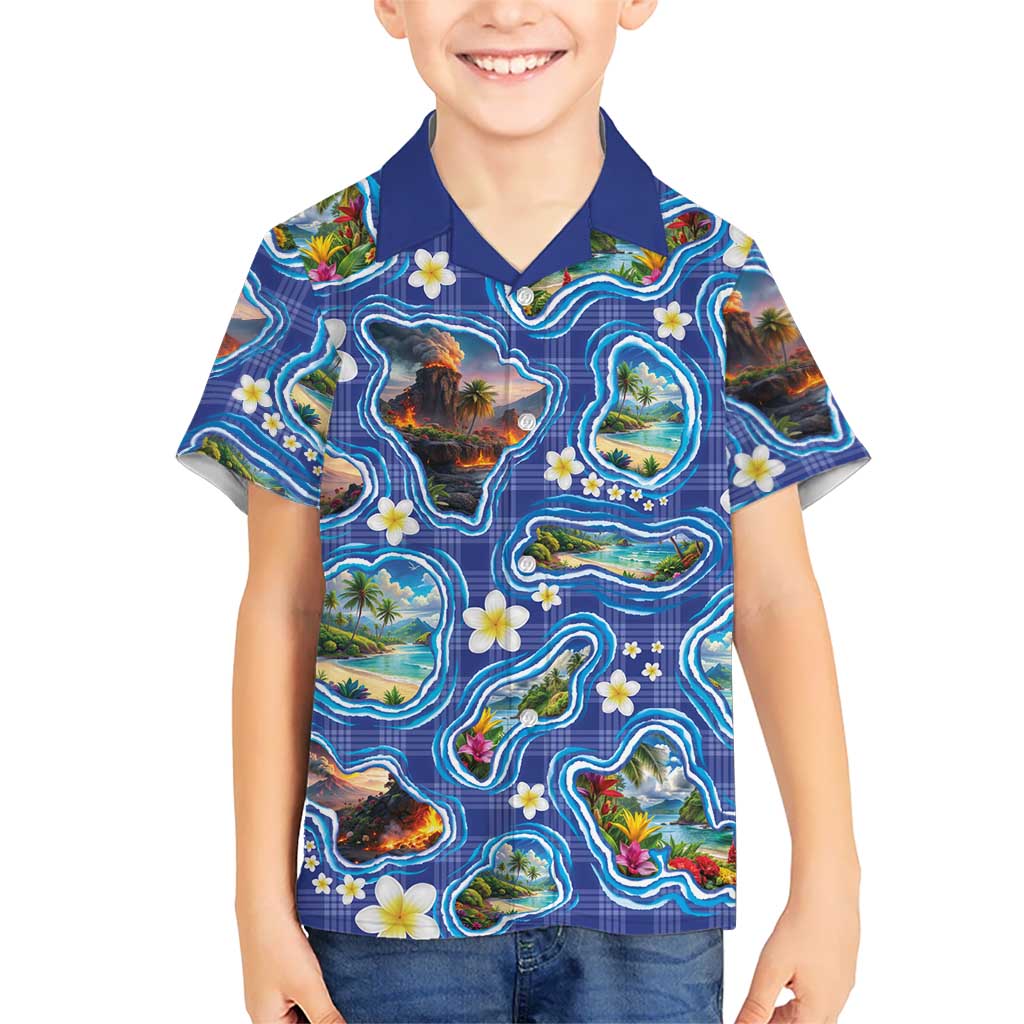 Hawaiian Island Shapes-Iconic Landscape Hawaiian Shirt with Plumeria and Palaka Blue Color