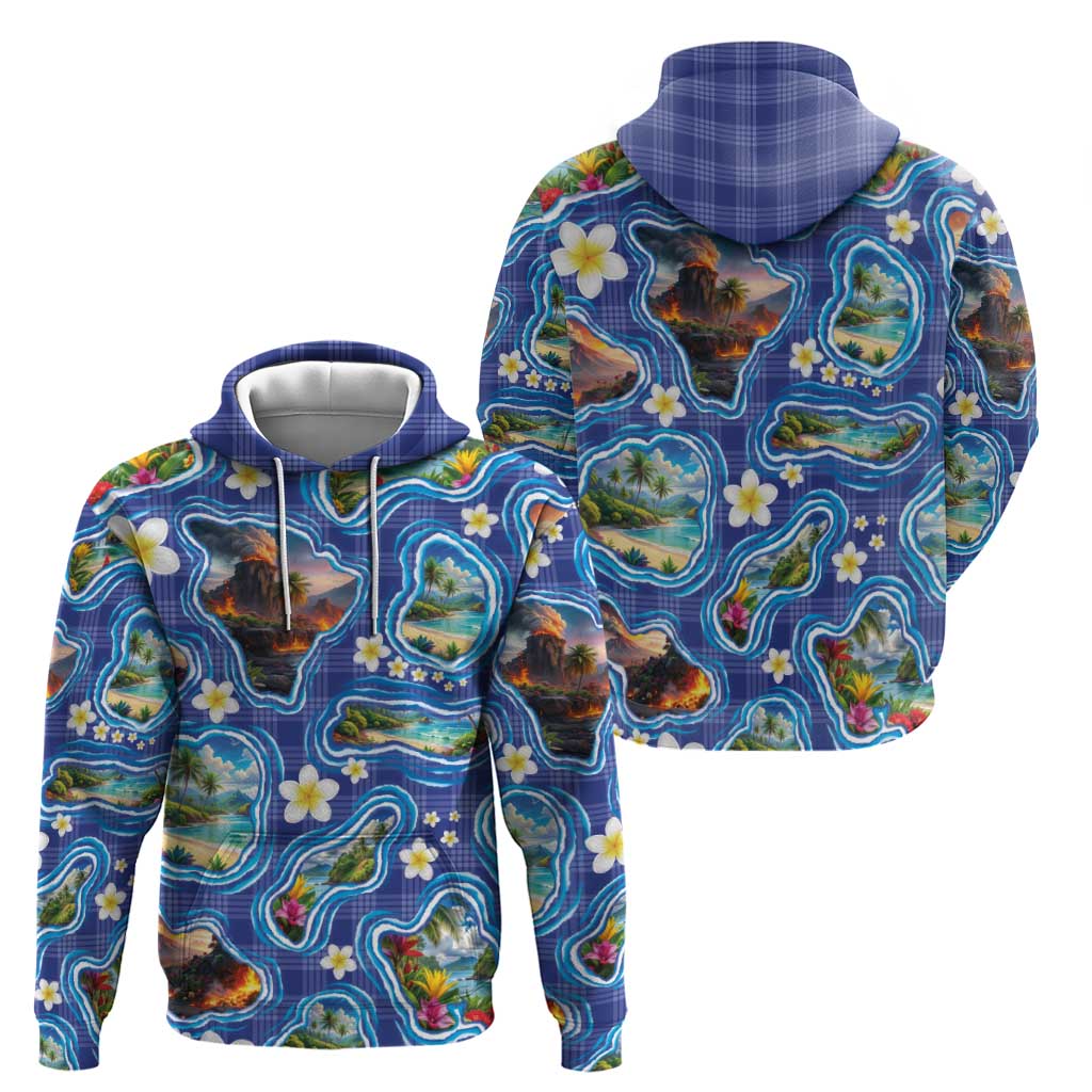 Hawaiian Island Shapes-Iconic Landscape Hoodie with Plumeria and Palaka Blue Color LT03 - Polynesian Pride