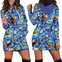 Hawaiian Island Shapes-Iconic Landscape Hoodie Dress with Plumeria and Palaka Blue Color