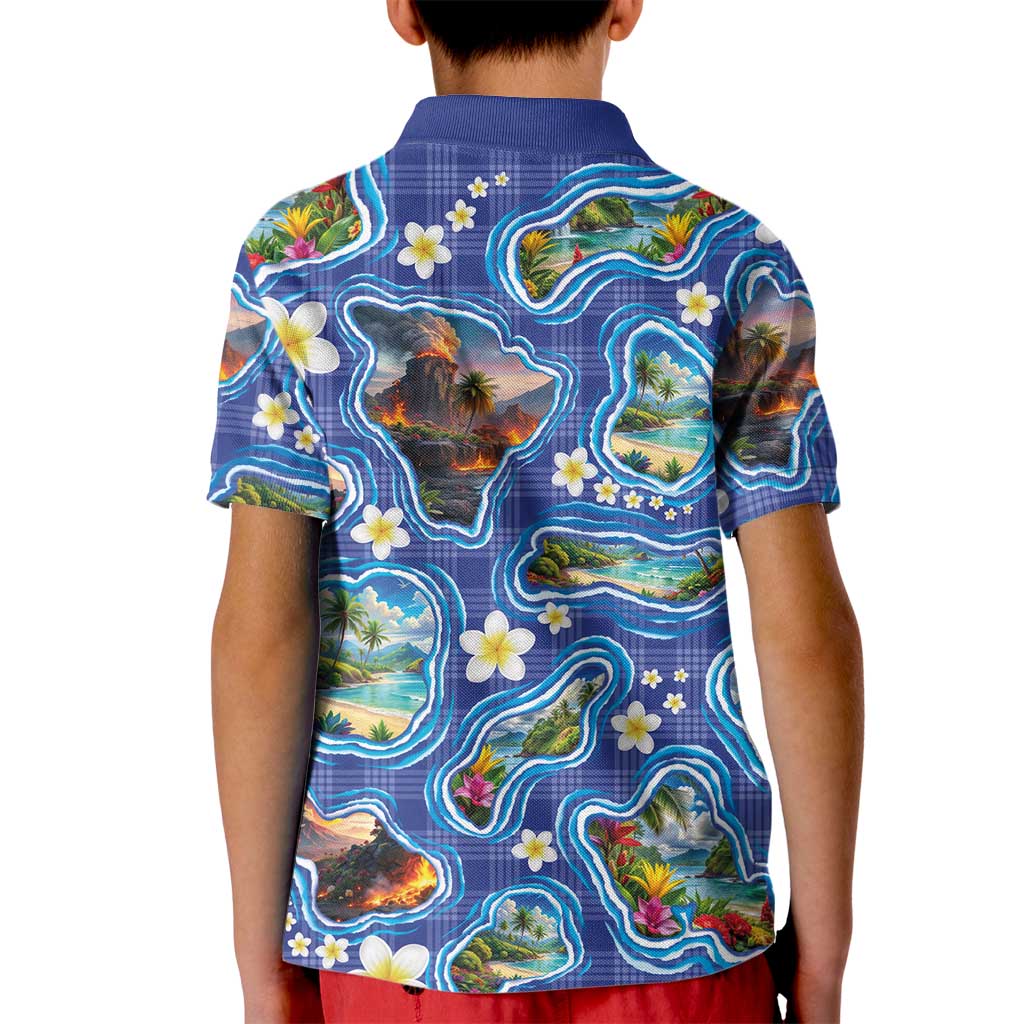Hawaiian Island Shapes-Iconic Landscape Kid Polo Shirt with Plumeria and Palaka Blue Color