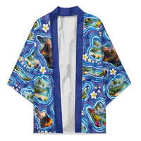 Hawaiian Island Shapes-Iconic Landscape Kimono with Plumeria and Palaka Blue Color LT03 Unisex Blue - Polynesian Pride