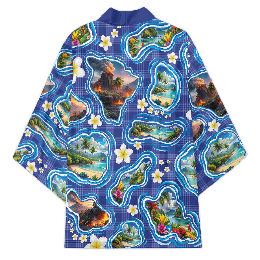 Hawaiian Island Shapes-Iconic Landscape Kimono with Plumeria and Palaka Blue Color LT03 - Polynesian Pride