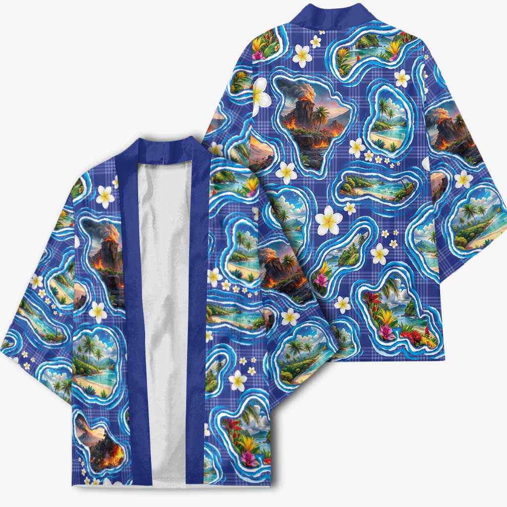 Hawaiian Island Shapes-Iconic Landscape Kimono with Plumeria and Palaka Blue Color LT03 - Polynesian Pride
