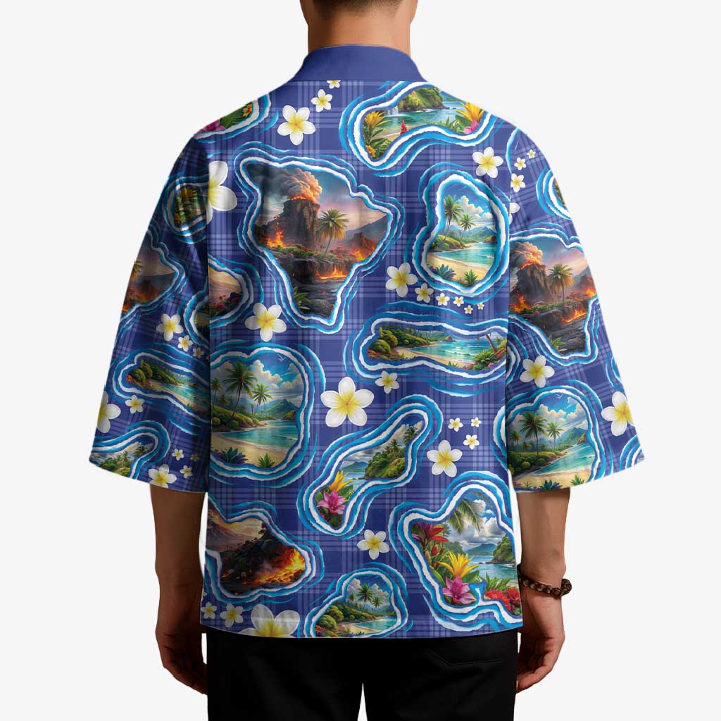 Hawaiian Island Shapes-Iconic Landscape Kimono with Plumeria and Palaka Blue Color LT03 - Polynesian Pride