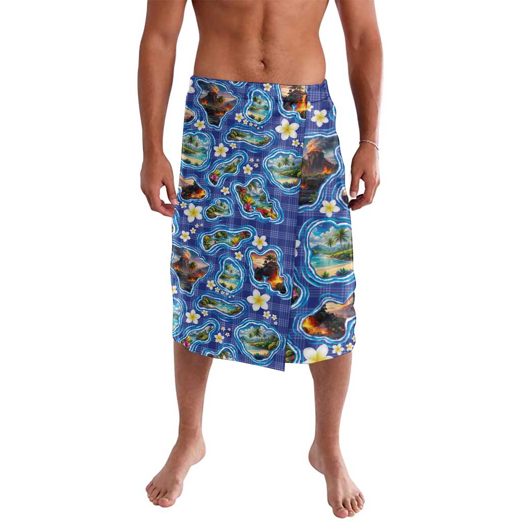 Hawaiian Island Shapes-Iconic Landscape Lavalava with Plumeria and Palaka Blue Color LT03 Blue - Polynesian Pride