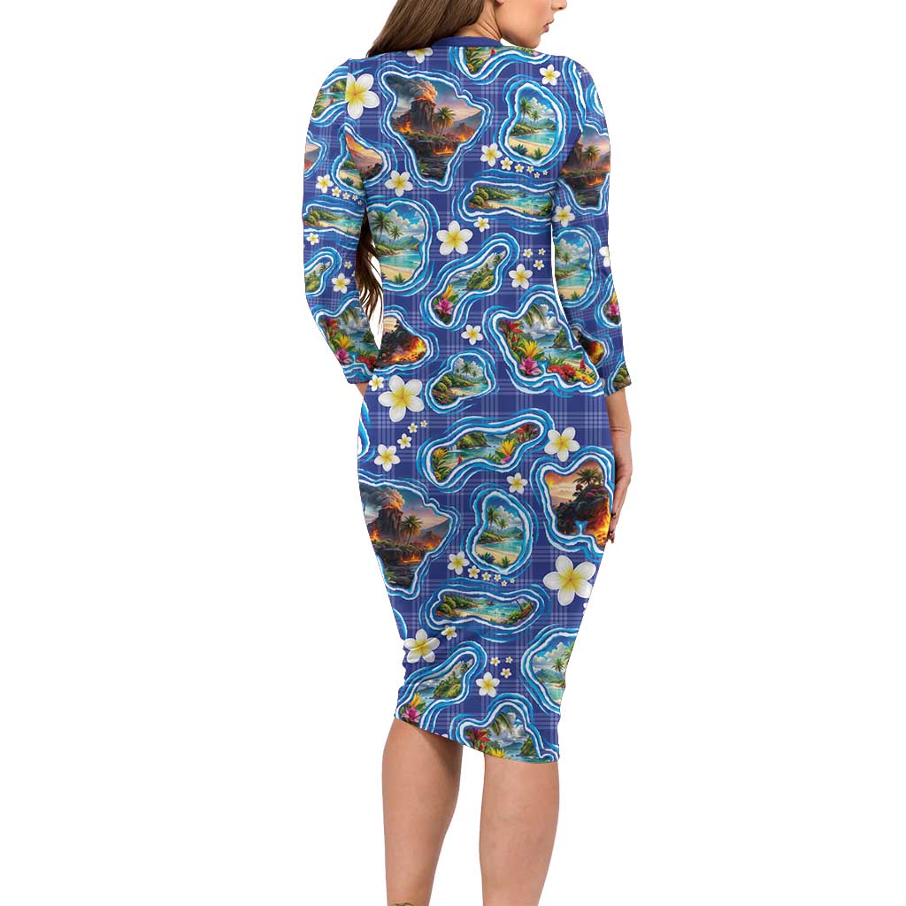 Hawaiian Island Shapes-Iconic Landscape Long Sleeve Bodycon Dress with Plumeria and Palaka Blue Color