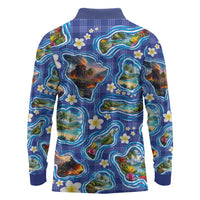 Hawaiian Island Shapes-Iconic Landscape Long Sleeve Polo Shirt with Plumeria and Palaka Blue Color