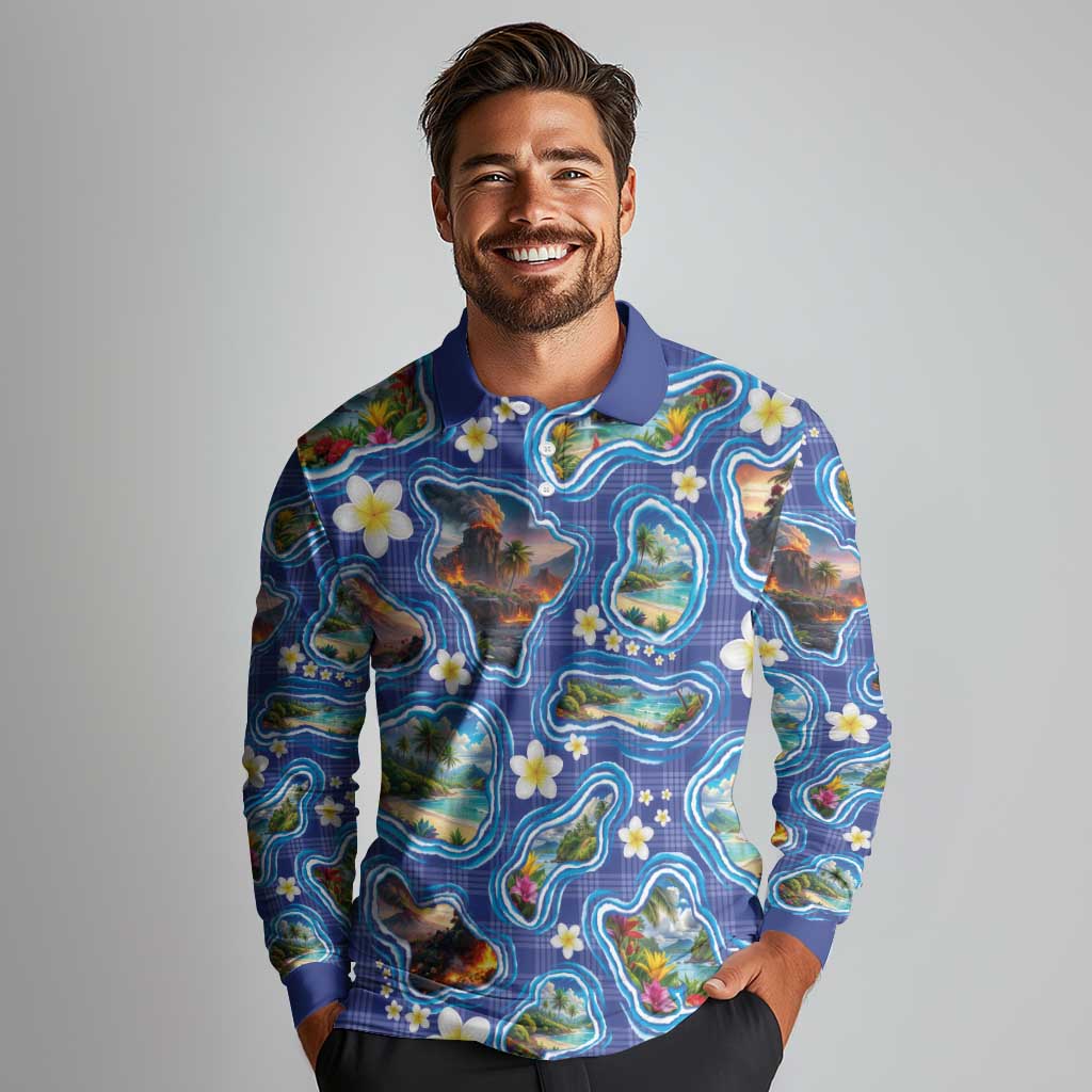 Hawaiian Island Shapes-Iconic Landscape Long Sleeve Polo Shirt with Plumeria and Palaka Blue Color