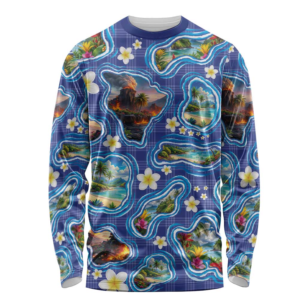 Hawaiian Island Shapes-Iconic Landscape Long Sleeve Shirt with Plumeria and Palaka Blue Color LT03 Unisex Blue - Polynesian Pride