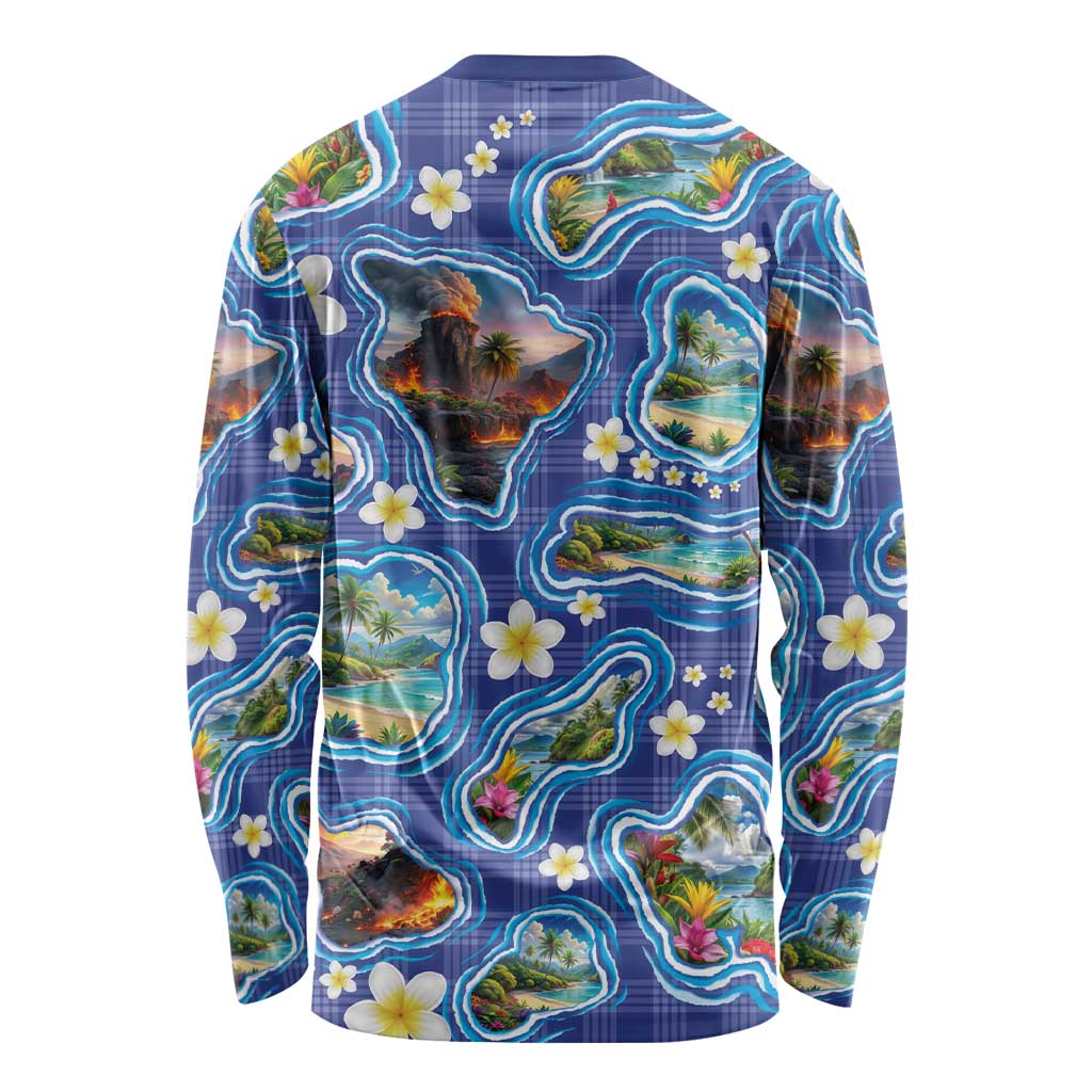 Hawaiian Island Shapes-Iconic Landscape Long Sleeve Shirt with Plumeria and Palaka Blue Color