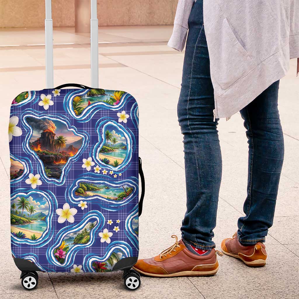 Hawaiian Island Shapes-Iconic Landscape Luggage Cover with Plumeria and Palaka Blue Color LT03 Blue - Polynesian Pride
