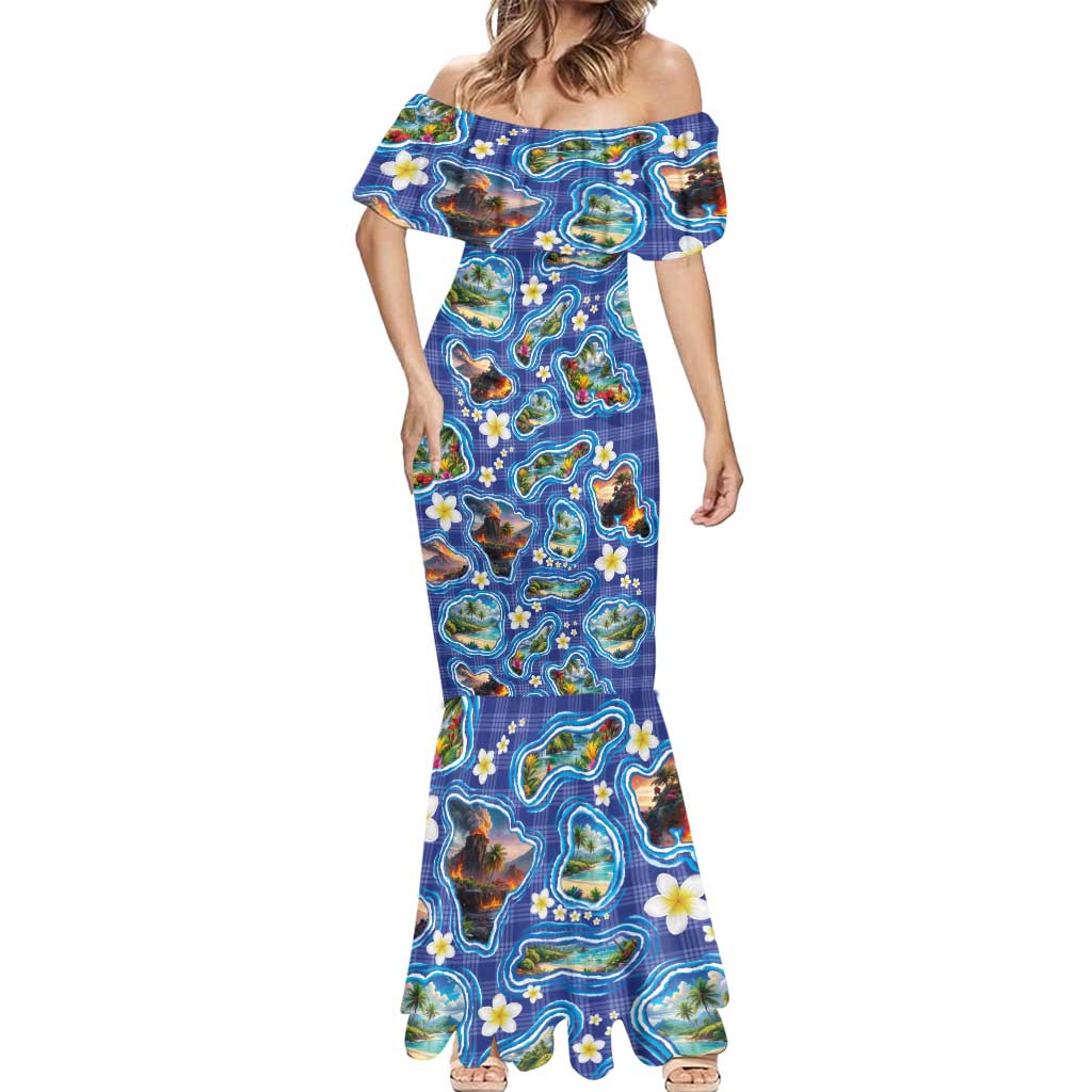 Hawaiian Island Shapes-Iconic Landscape Mermaid Dress with Plumeria and Palaka Blue Color