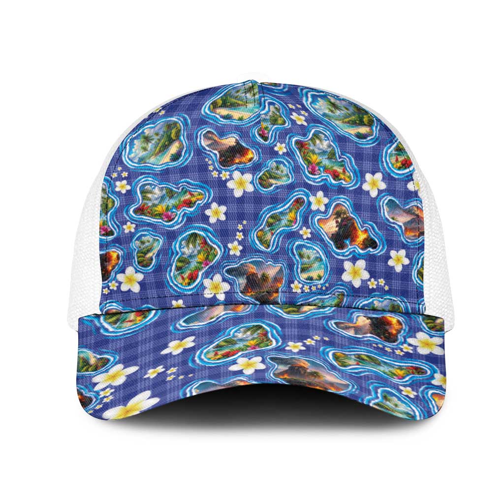 Hawaiian Island Shapes-Iconic Landscape Mesh Trucker Cap with Plumeria and Palaka Blue Color