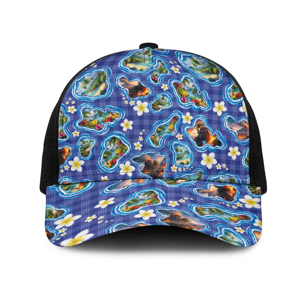 Hawaiian Island Shapes-Iconic Landscape Mesh Trucker Cap with Plumeria and Palaka Blue Color