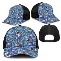 Hawaiian Island Shapes-Iconic Landscape Mesh Trucker Cap with Plumeria and Palaka Blue Color
