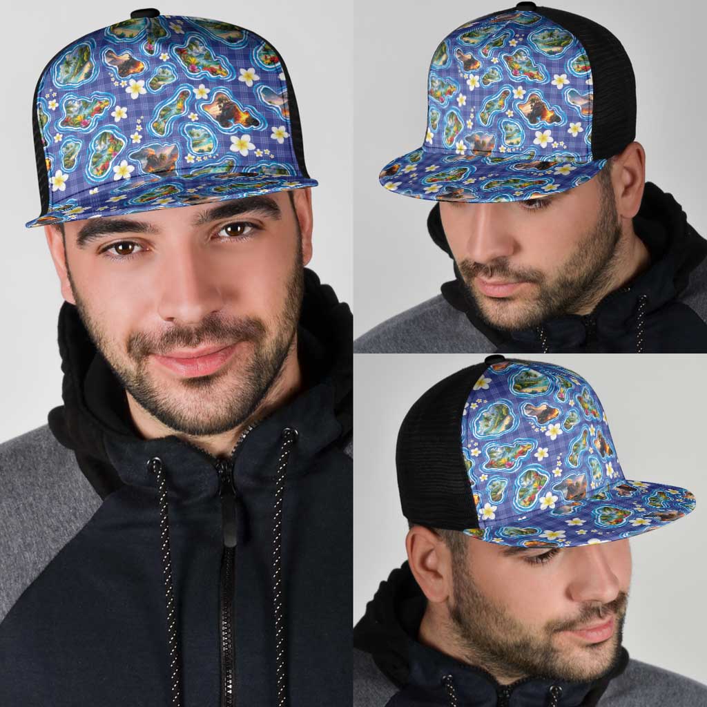 Hawaiian Island Shapes-Iconic Landscape Mesh Trucker Cap with Plumeria and Palaka Blue Color
