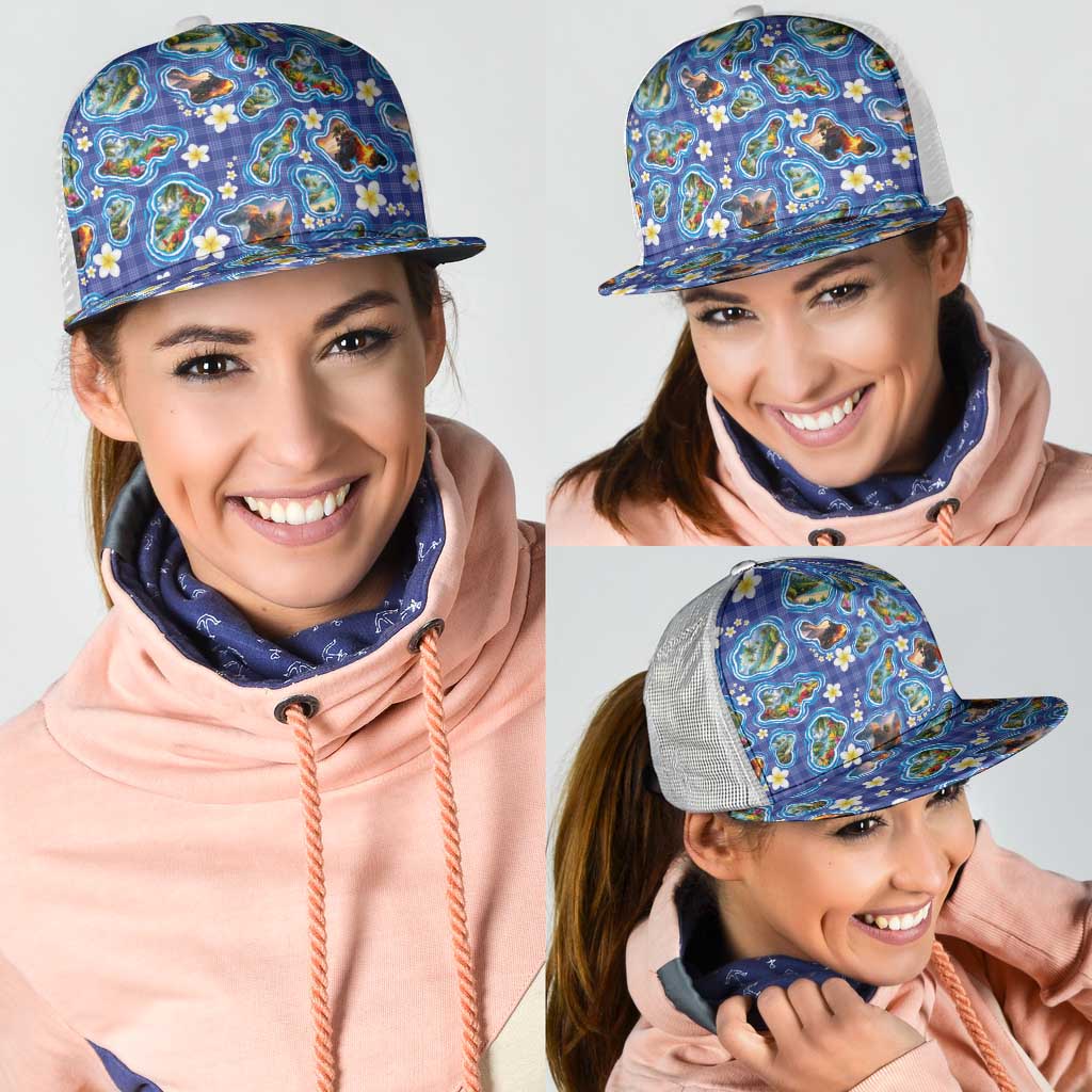 Hawaiian Island Shapes-Iconic Landscape Mesh Trucker Cap with Plumeria and Palaka Blue Color