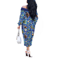 Hawaiian Island Shapes-Iconic Landscape Off The Shoulder Long Sleeve Dress with Plumeria and Palaka Blue Color