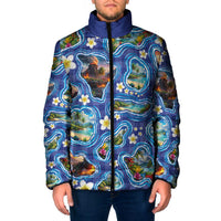 Hawaiian Island Shapes-Iconic Landscape Padded Jacket with Plumeria and Palaka Blue Color LT03 Men Blue - Polynesian Pride