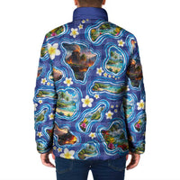 Hawaiian Island Shapes-Iconic Landscape Padded Jacket with Plumeria and Palaka Blue Color LT03 - Polynesian Pride