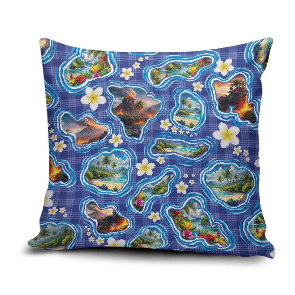 Hawaiian Island Shapes-Iconic Landscape Pillow Cover with Plumeria and Palaka Blue Color LT03 Blue - Polynesian Pride