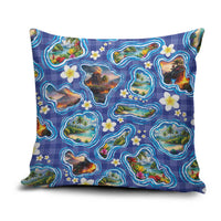 Hawaiian Island Shapes-Iconic Landscape Pillow Cover with Plumeria and Palaka Blue Color LT03 Blue - Polynesian Pride