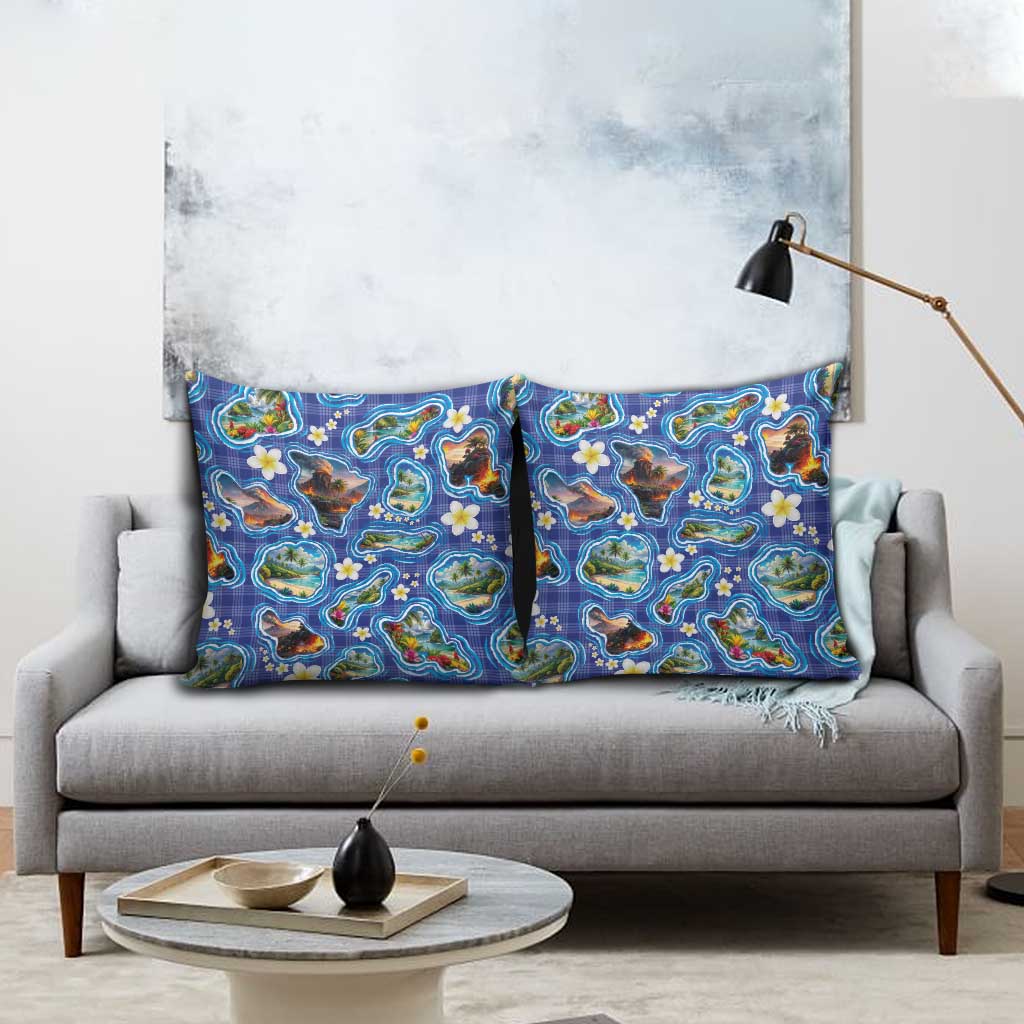 Hawaiian Island Shapes-Iconic Landscape Pillow Cover with Plumeria and Palaka Blue Color LT03 - Polynesian Pride