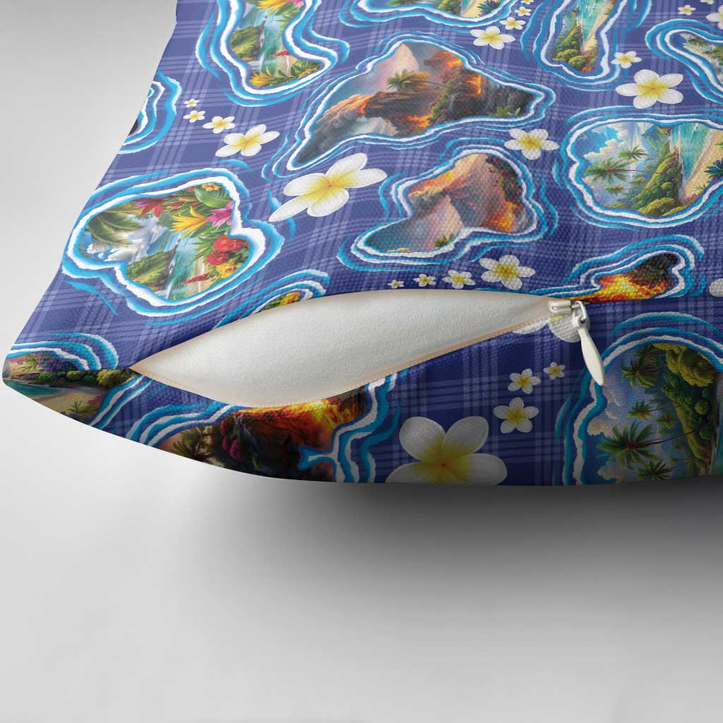 Hawaiian Island Shapes-Iconic Landscape Pillow Cover with Plumeria and Palaka Blue Color LT03 - Polynesian Pride