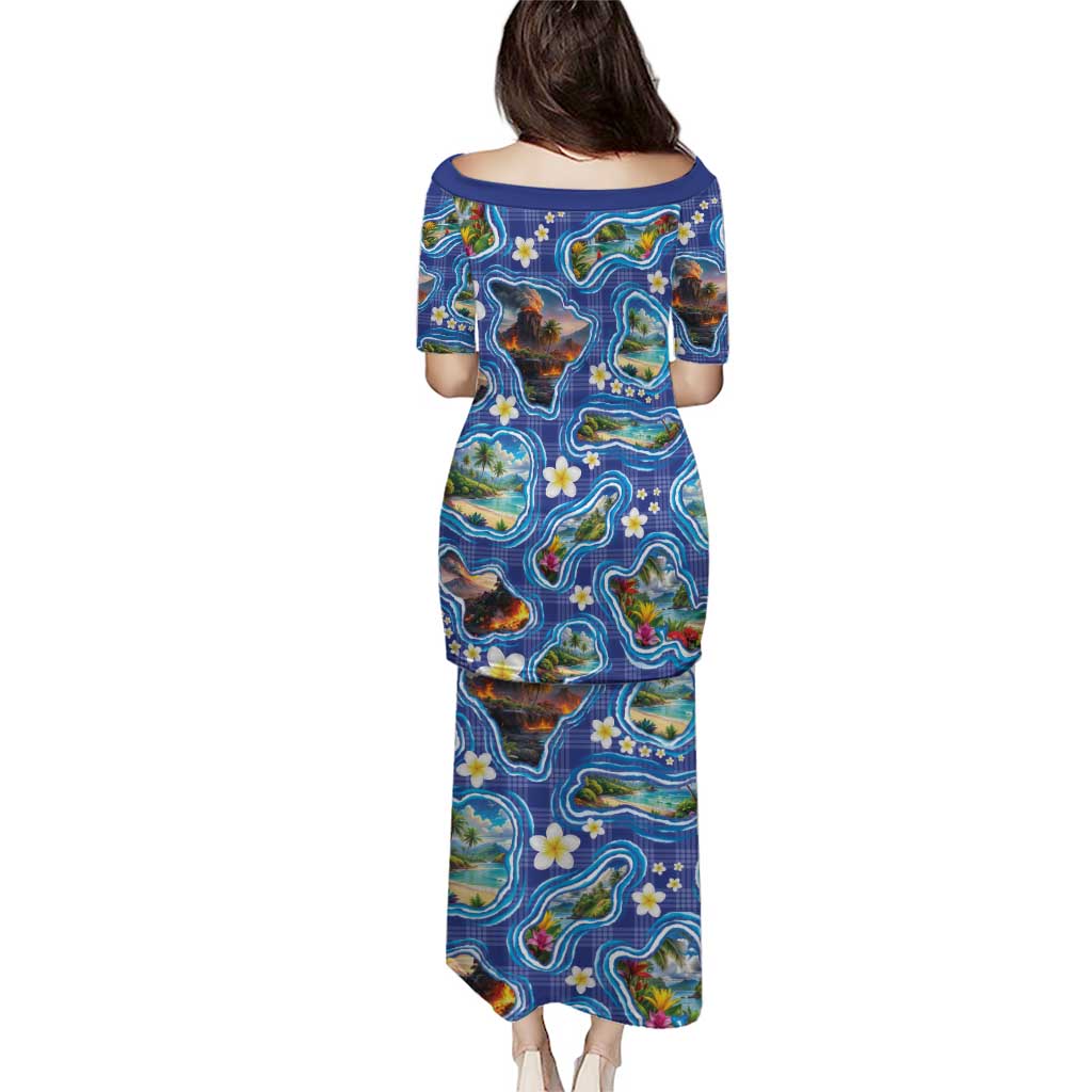 Hawaiian Island Shapes-Iconic Landscape Puletasi with Plumeria and Palaka Blue Color LT03 - Polynesian Pride