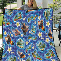 Hawaiian Island Shapes-Iconic Landscape Quilt with Plumeria and Palaka Blue Color LT03 Blue - Polynesian Pride