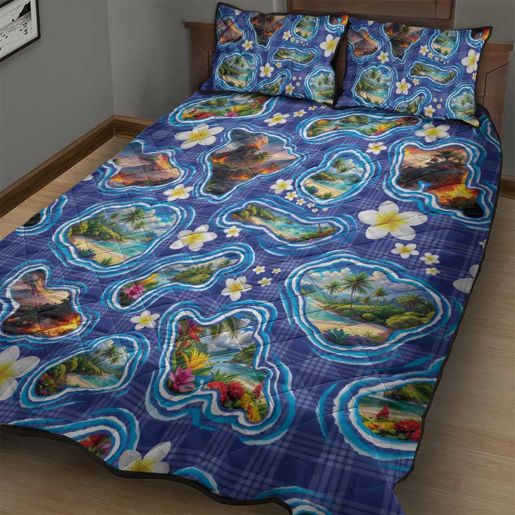 Hawaiian Island Shapes-Iconic Landscape Quilt Bed Set with Plumeria and Palaka Blue Color LT03 - Polynesian Pride