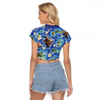 Hawaiian Island Shapes-Iconic Landscape Raglan Cropped T Shirt with Plumeria and Palaka Blue Color