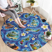 Hawaiian Island Shapes-Iconic Landscape Round Carpet with Plumeria and Palaka Blue Color LT03 - Polynesian Pride
