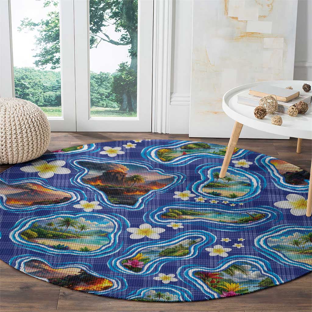 Hawaiian Island Shapes-Iconic Landscape Round Carpet with Plumeria and Palaka Blue Color LT03 - Polynesian Pride