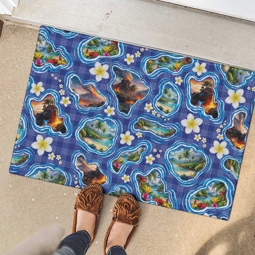 Hawaiian Island Shapes-Iconic Landscape Rubber Doormat with Plumeria and Palaka Blue Color LT03 - Polynesian Pride