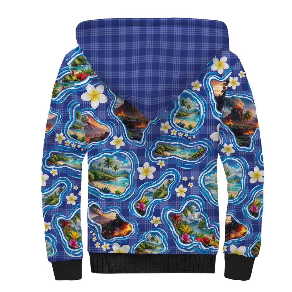 Hawaiian Island Shapes-Iconic Landscape Sherpa Hoodie with Plumeria and Palaka Blue Color