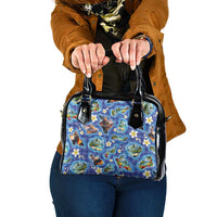 Hawaiian Island Shapes-Iconic Landscape Shoulder Handbag with Plumeria and Palaka Blue Color LT03 One Size Blue - Polynesian Pride