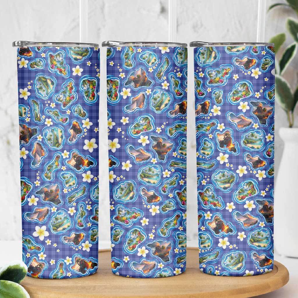 Hawaiian Island Shapes-Iconic Landscape Skinny Tumbler with Plumeria and Palaka Blue Color