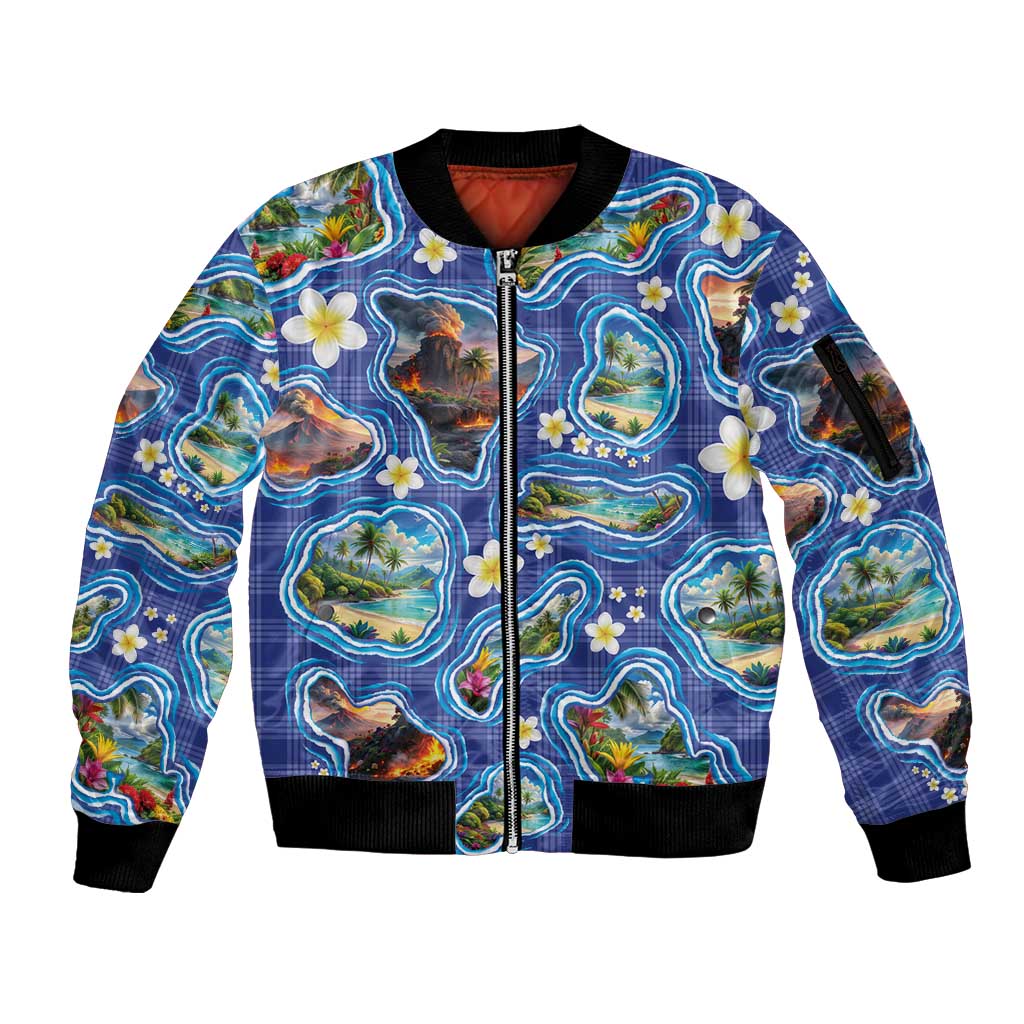 Hawaiian Island Shapes-Iconic Landscape Sleeve Zip Bomber Jacket with Plumeria and Palaka Blue Color LT03 Unisex Blue - Polynesian Pride