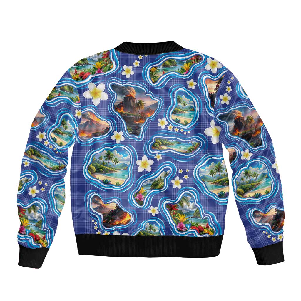 Hawaiian Island Shapes-Iconic Landscape Sleeve Zip Bomber Jacket with Plumeria and Palaka Blue Color LT03 - Polynesian Pride