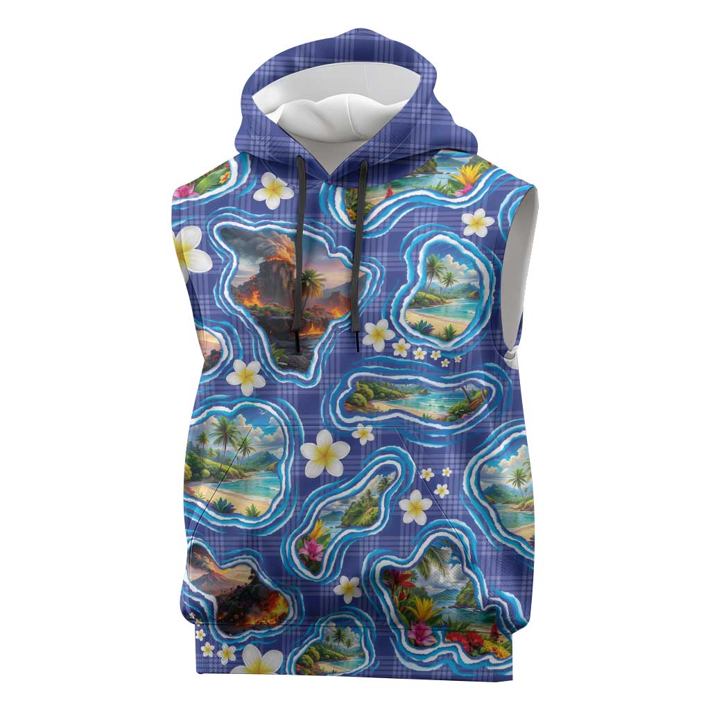 Hawaiian Island Shapes-Iconic Landscape Sleeveless Hoodie with Plumeria and Palaka Blue Color