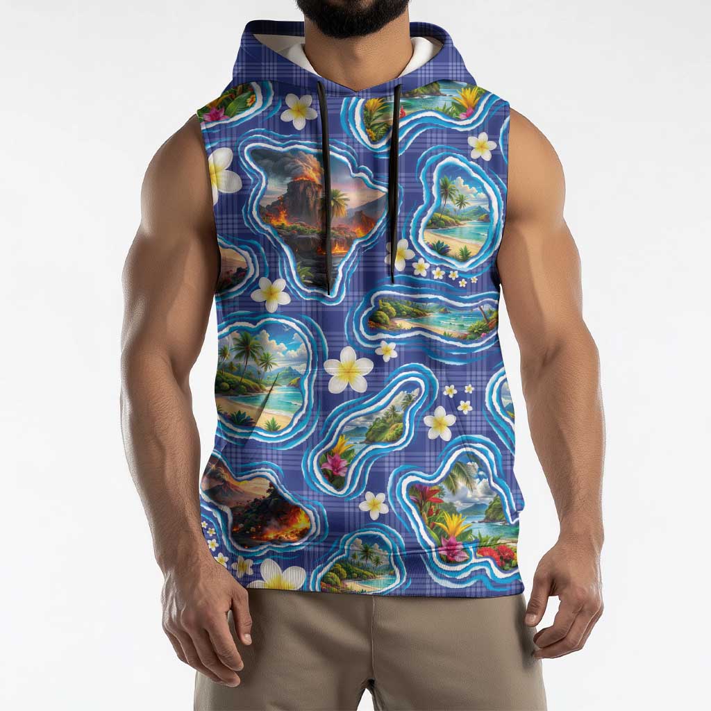 Hawaiian Island Shapes-Iconic Landscape Sleeveless Hoodie with Plumeria and Palaka Blue Color